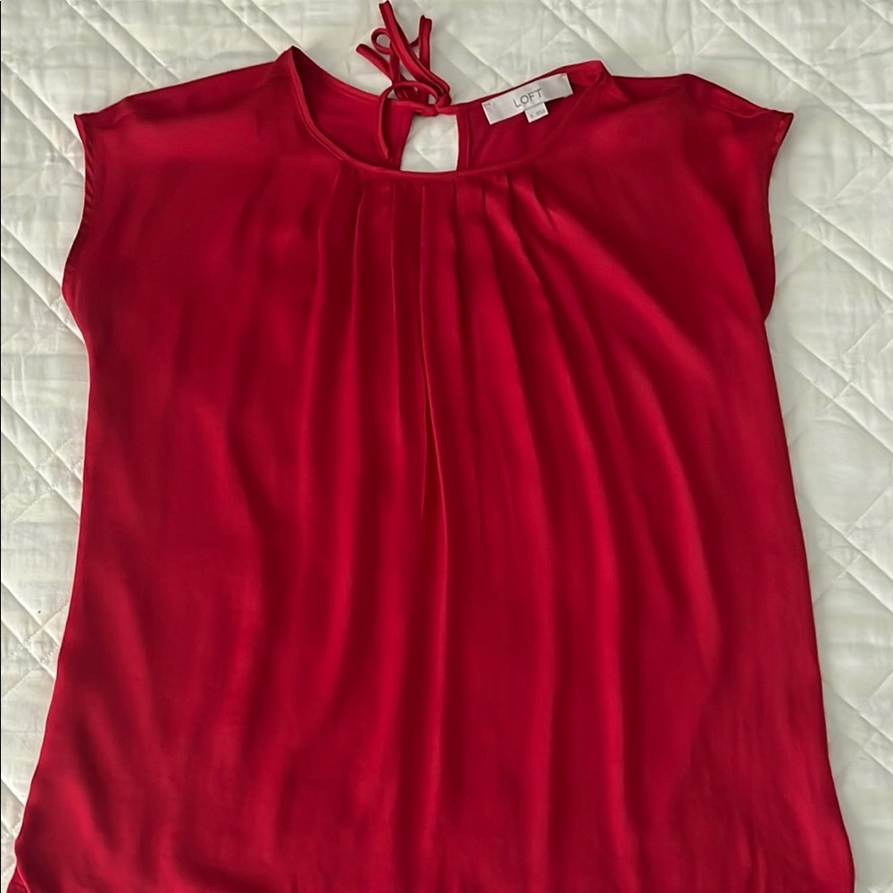 LOFT Red Pleated Tie Front Blouse with Cap Sleeves